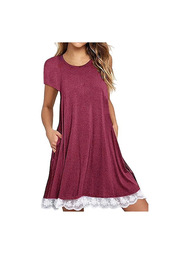 Short Sleeve Dress for Women Dress Tops Womens Tops Dressy Casual Women O Neck Casual Lace Short Sleeve Above Knee Dress Loose Party Dress