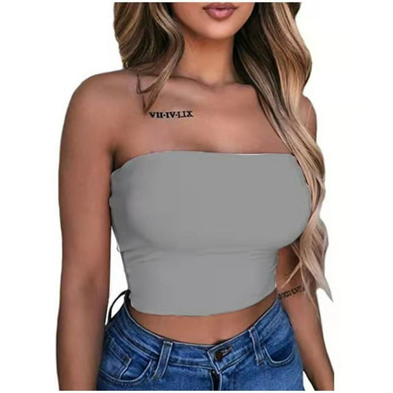 Viikei Short Sleeve Womens Tops Womens Short Sleeve Shirts Plus Size Shirts for Women Clearance Solid Color Summer Fashion Casual Top Tube Top Strapless Blouse