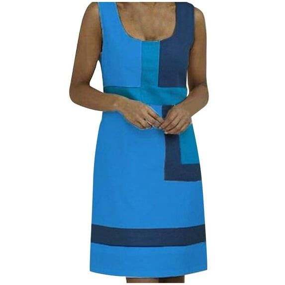 Viikei Sleeveless Dress Summer Dresses for Women Plus Size Dresses Clearance Casual Shift Geometric Print Dress O-Neck Sleeveless Mini Dresses