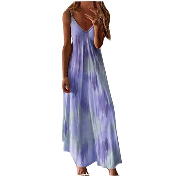 Viikei Sleeveless Dress Summer Dresses for Women Plus Size Dresses Fashion Plus Size Tie-dye Print Sleeveless V-Neck Camisole Long Dress