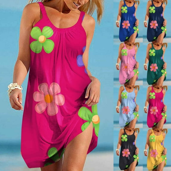 Viikei Sleeveless Summer Dress for Women,Womens Summer Printing Dresses Loose V-Neck Sleeveless Sundresses Pockets Dresses Black XL