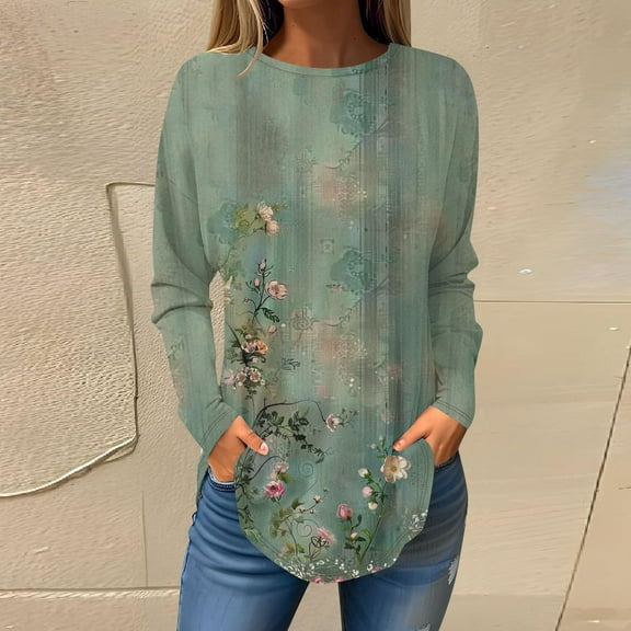 Viikei Soft Cotton Round Neck Long Sleeve Shirt Women,Women's Long-sleeved Crew-neck Drop Shoulder Casual Printed Green L