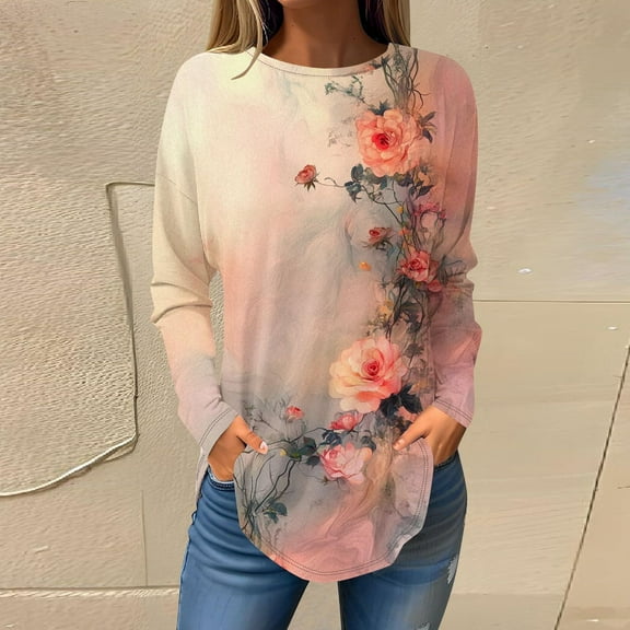 Viikei Spring Lightweight Round Neck Long Sleeve Tee Women,Women's Long-sleeved Crew-neck Drop Shoulder Casual Printed Beige XXL