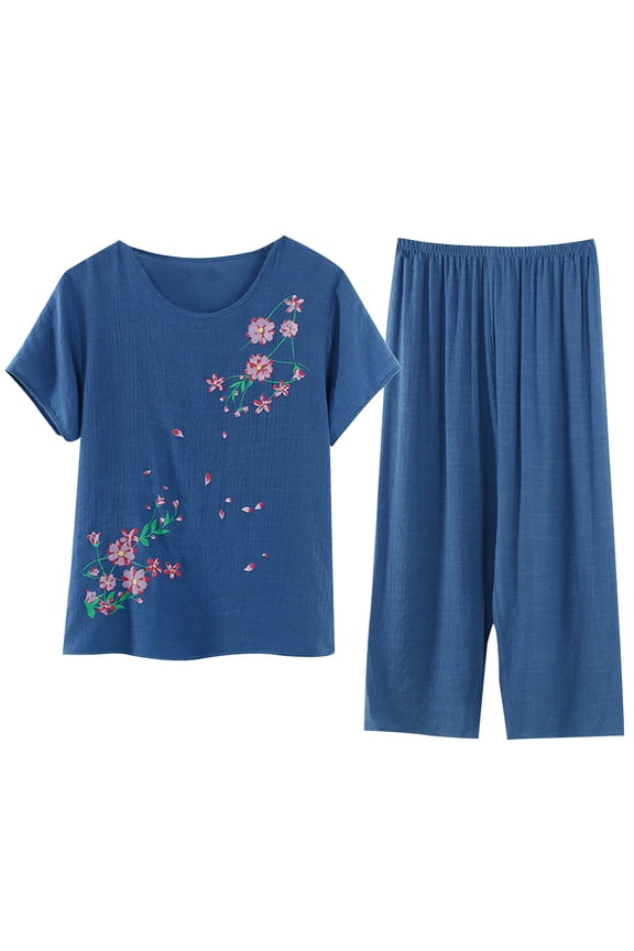 Spring Summer Plus Size Two-Piece Set Pajamas for Womens Stylish Short Sleeve O-Neck Casual Floral Print Tops and Loose Fit Pockets Solid Long Pants Cotton Silk Suit Breathable Cardigan Button