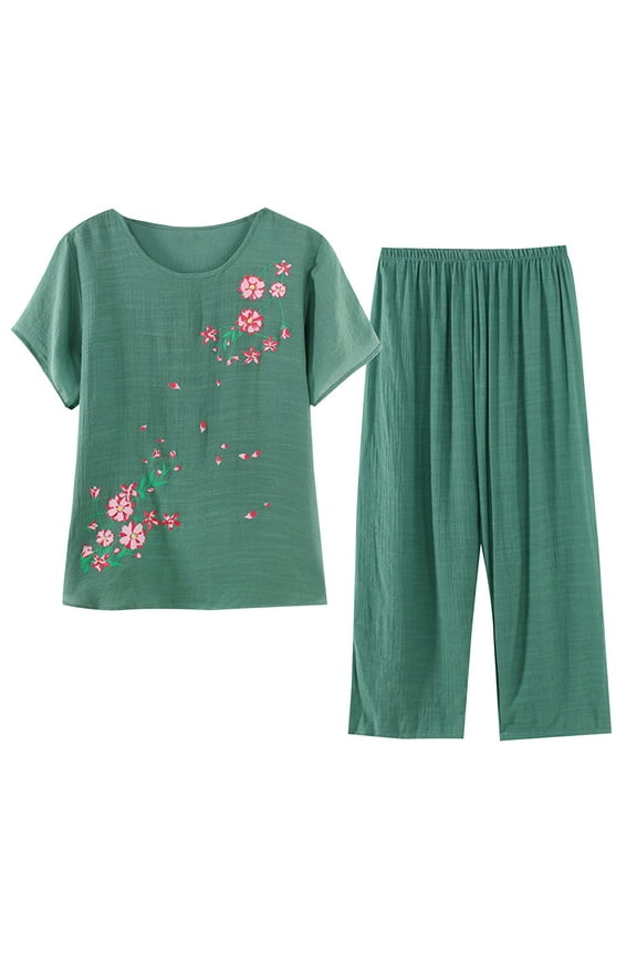Spring Summer Plus Size Two-Piece Set Pajamas for Womens Stylish Short Sleeve O-Neck Casual Floral Print Tops and Loose Fit Pockets Solid Long Pants Cotton Silk Suit Breathable Cardigan Button
