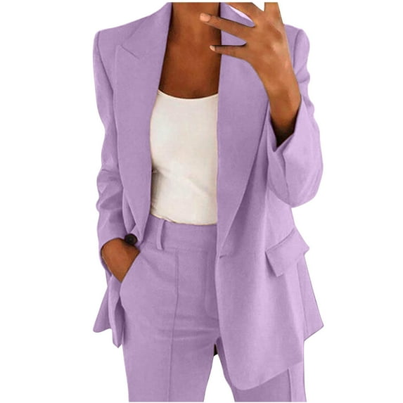 Viikei Spring Summer Solid Color Two-Piece Set for Women Modern Fit Plus Size Long Sleeve Casual Blouses Tops Cardigan Coat and Loose Fit Pockets Long Pants Suit Women Two-Piece Outfit Suit Purple
