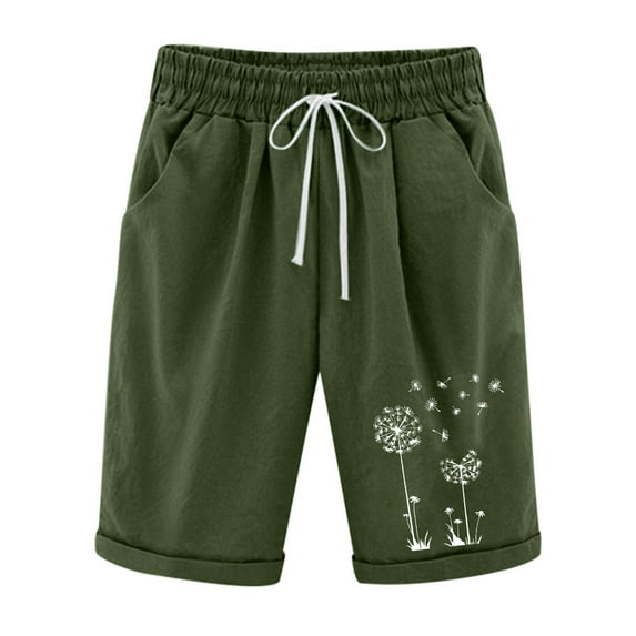 Viikei Spring Summer Womens Shorts 2025 Stylish Plus Size Loose Fit Comfy Beach Medium Pockets Pants Fashion Dandelion Print Five Points Cotton Linen Graphic Pants Casual Pants Army Green