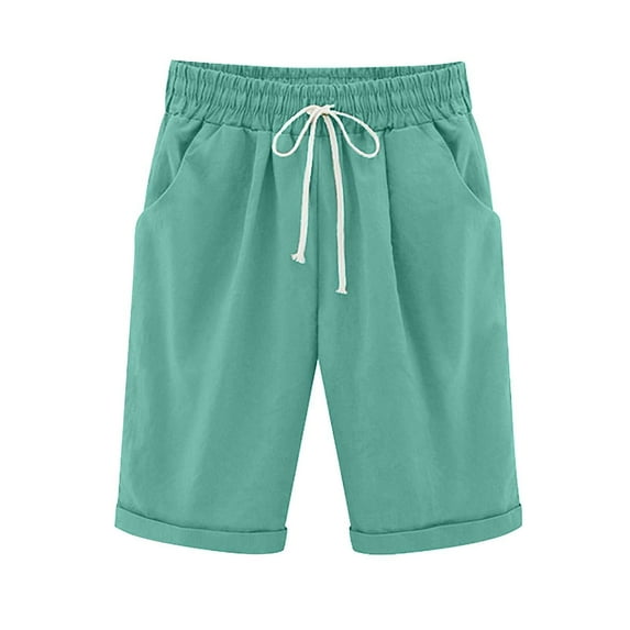 Viikei Spring Summer Womens Shorts 2025 Stylish Plus Size Loose Fit Lightweight Comfy Solid Color Beach Medium Pockets Pants for Women Five Points Large Size Cotton Linen Pants Casual Pants