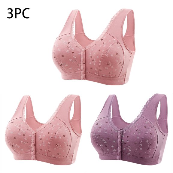 Viikei Stretchy Everyday Bra for Women Flexible Fit,3PC Women Front Buckle for Middle-Aged and Elderly Underwear Soft Oversized Tank Top without Steel Ring Printed Bra Purple XXXXXXL