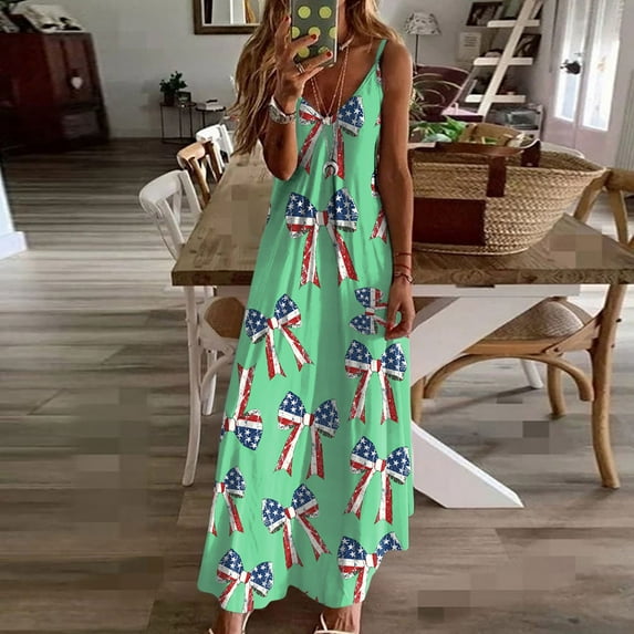 Viikei Summer Dress for Women V Neck Short Sleeve,Women's Summer Print Casual Loose Sleevless V-Neck Dress Green XXL