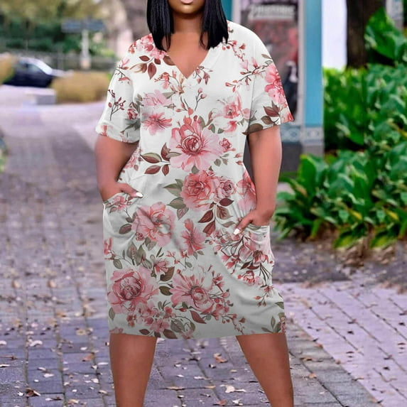 Viikei Summer Dresses Clearance,Women's Fit and Flare Short Sleeve Dress,Plus Size Dress for Women V Neck Summer Printing Sundresses Knee Short Sleeve with Pockets Multicolor L