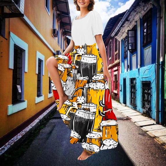 Viikei Summer Dresses Clearance,Women's Slim-Fit Short Sleeve Dress,Women's Casual Fashion Cake Lace Skirt Solid Color Short Sleeved Round Neck Dress Red S