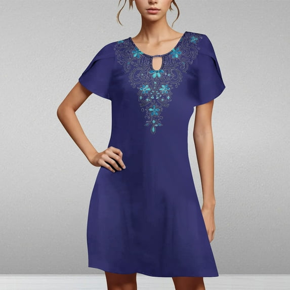 Viikei Summer Dresses Clearance,Women's Slim-Fit Short Sleeve Dress,Women's Casual Loose Summer Printed Short Sleeved Dress Navy M