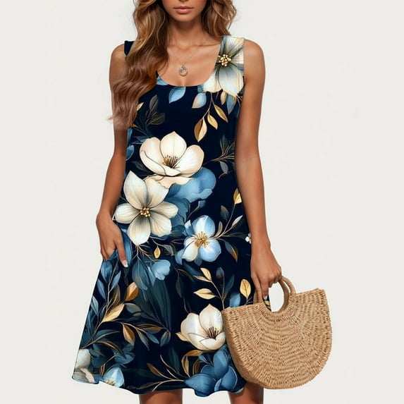 Viikei Summer Dresses Clearance,Women's Spring/Summer Casual Sleeveless Round Neck Fashion Floral Print Dress Sleeveless Round Neck Dress Multicolor M