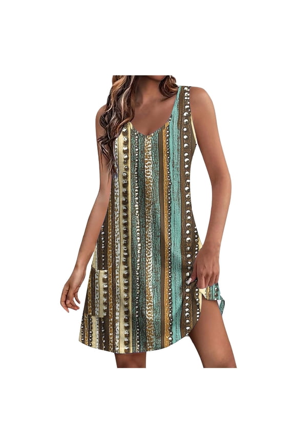 Summer Dresses,Women's Summer Casual Fashion Printing Pocket Sleeveless V-Neck Dress Multicolor M