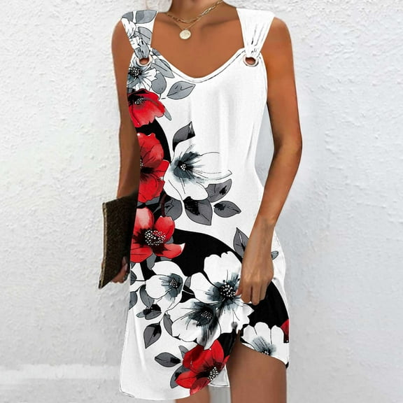 Viikei Summer Dresses for Juniors,Women's Fit and Flare Short Sleeve Dress,Women's Casual Versatile Printed V Neck Casual Sleeveless Suspender Dress Red S
