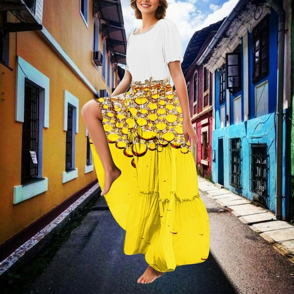 Viikei Summer Dresses for Juniors,Women's Tiered Ruffle Short Sleeve Dress,Women's Casual Fashion Cake Lace Skirt Solid Color Short Sleeved Round Neck Dress Yellow L