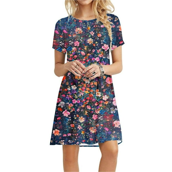 Viikei Summer Dresses for Juniors,Women's Tiered Ruffle Short Sleeve Dress,Women's Short Sleeved Dress with Floral Print Round Neck Dress Multicolor M