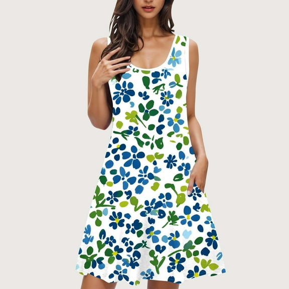 Viikei Summer Dresses for Women Clearance under $10,Women Print with Pockets Sleep Shirts Sleeveless Sleepwear Nightshirt Round Neck Nightdress Multicolor XL