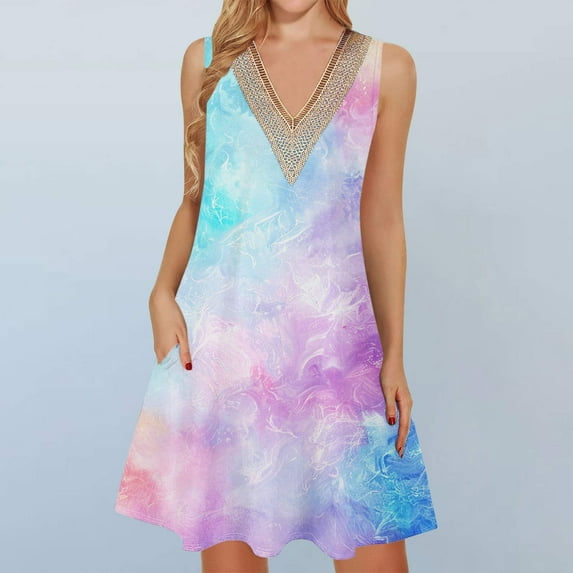 Viikei Summer Dresses for Women Clearance under $10,Women's Casual Ruffle Short Sleeve Dress,Women's Printed Lace Sleeveless Pocket V-Neck Dress Multicolor M