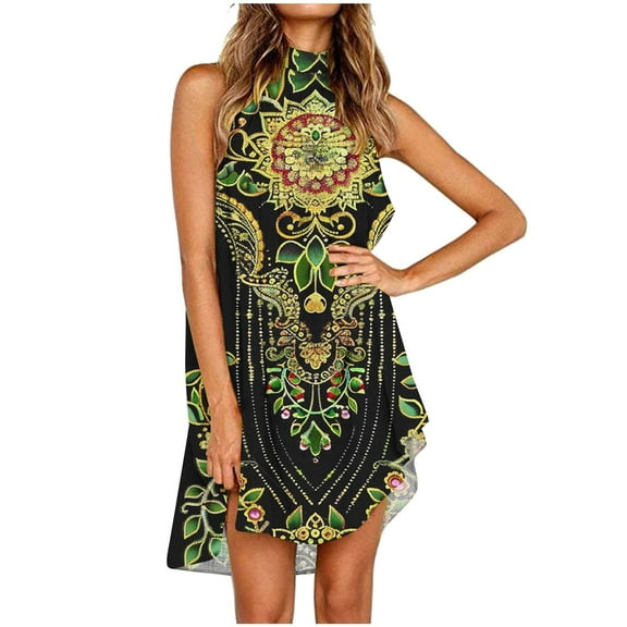 Viikei Summer Dresses for Women Plus Size,Puff Sleeve Short Sleeve Dress,Women's Vintage Print Print Dress Sleeveless Round Neck Knee-length Dress Multicolor S