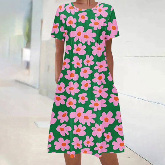 Viikei Summer Dresses for Women Plus Size,Puff Sleeve Short Sleeve Dress,Women's Summer Bohemian Print Short Sleeve Beach Dress Knee Length Dress Green M