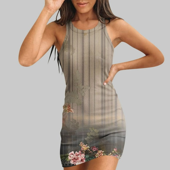 Viikei Summer Dresses for Women Plus Size,Women's Pleated Short Sleeve Dress,Women Casual Bodycon Printde Ribbed Sleeveless Tank Round Neck Camisole Dress Gray S
