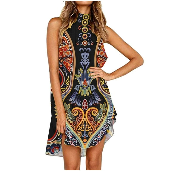 Viikei Summer Dresses for Women,Summer Striped Short Sleeve Dress,Women's Vintage Print Print Dress Sleeveless Round Neck Knee-length Dress Multicolor M