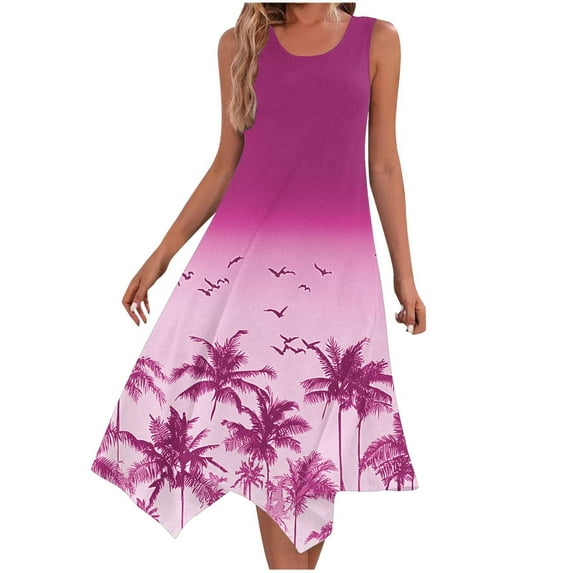 Viikei Summer Dresses for Girls,Woman Fashion Summer Beach Printing Pockets Tank Top Round-Neck Sleeveless Tank Top Dresses Hot Pink L