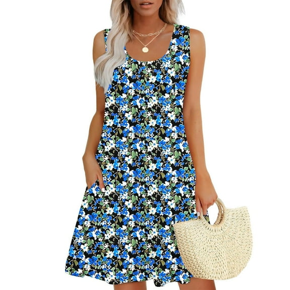 Viikei Summer Dresses for Girls,Women Casual Loose Summer Printed Dress Sleeveless V-neck Top/shirt Set Blue XXL