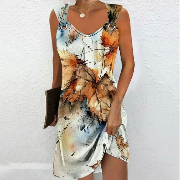Viikei Summer Dresses for Girls,Women's Casual Versatile Printed V Neck Casual Sleeveless Suspender Dress Brown XXL