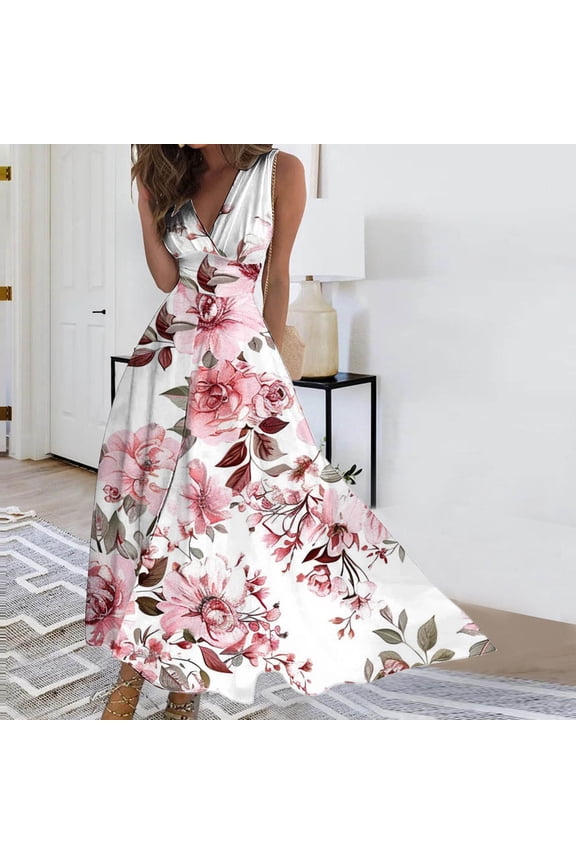 Summer Dresses for Girls,Women's Spring/Summer Sleeveless Color V-Neck Wrapped Chest Dress Long Dress Pink S