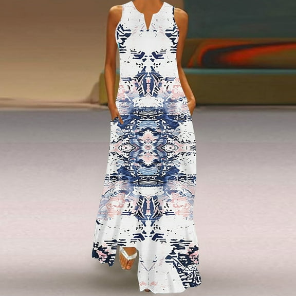 Viikei Summer Dresses for Juniors,Women Casual Loose Printed Tank Dress Beach V-neck Pocket Sundress Sleeveless Dresses Blue S
