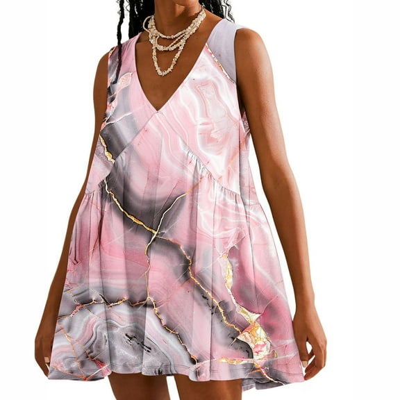 Viikei Summer Dresses for Juniors,Women Casual Loose Summer Print Pleated Sleeveeless V-Neck Dress with Pocket Pink S