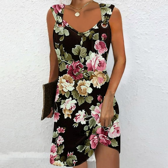 Viikei Summer Dresses for Juniors,Women's Fit and Flare Short Sleeve Dress,Women's Geometric Printed Elegant Camisole Round Neck Dress Multicolor M