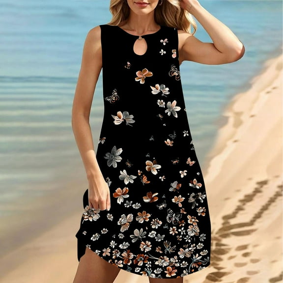 Viikei Summer Dresses for Juniors,Women's Fit and Flare Short Sleeve Dress,Women's Round Neck Sleeveless Gradient Tie Dyed Beach Dress Black L