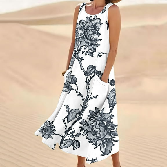 Viikei Summer Dresses for Juniors,Women's Sleeveless and Linen Round Neck Printed Long Dress with Pocket Black XL