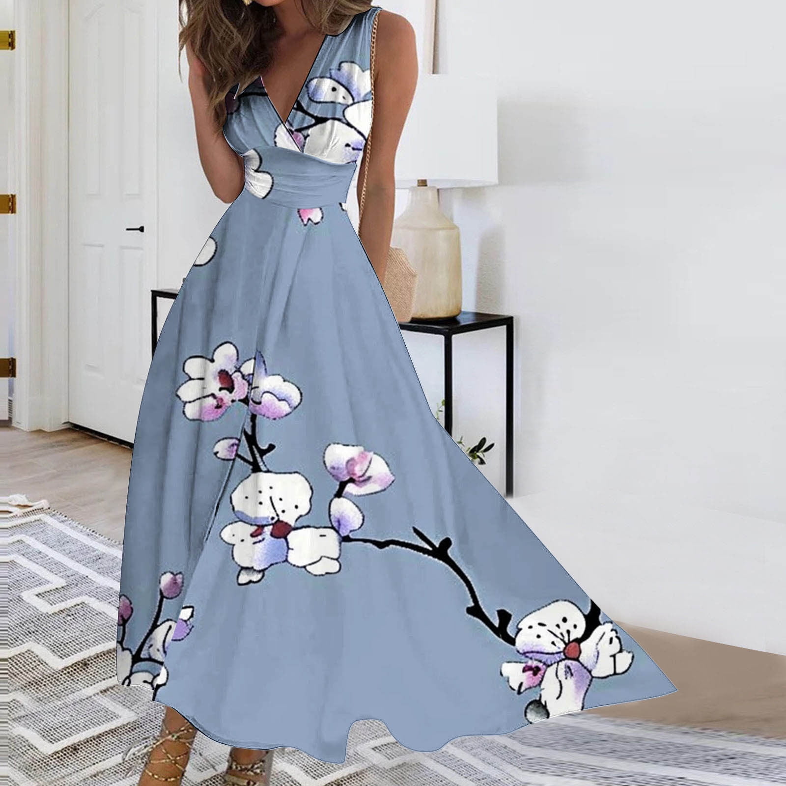 junior long summer dresses Viikei Summer Dresses for Juniors,Women's Spring/Summer Sleeveless Color V-Neck Wrapped Chest Dress Long Dress Blue Xxxl, Size: 3XL