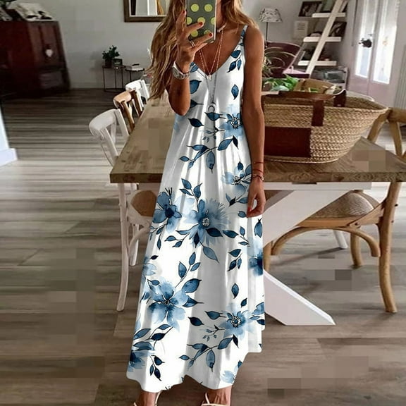 Viikei Summer Dresses for Juniors,Women's Summer Print Casual Loose Sleevless V-Neck Dress Blue L