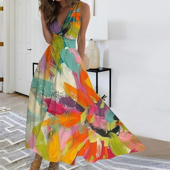 Viikei Summer Dresses for Juniors,Women's Summer Print Casual Loose Sleevless V-Neck Dress Multicolor S