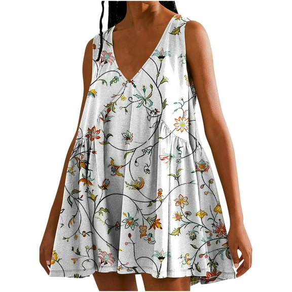 Viikei Summer Dresses for Juniors,Women's Summer Print Casual Loose Sleevless V-Neck Dress White XXL