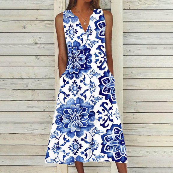 Viikei Summer Dresses for Women 2025,Casual Floral Print Short Sleeve Dress,New Women's V-neck Button Button Sleeveless Printed Long Dress Blue XXL