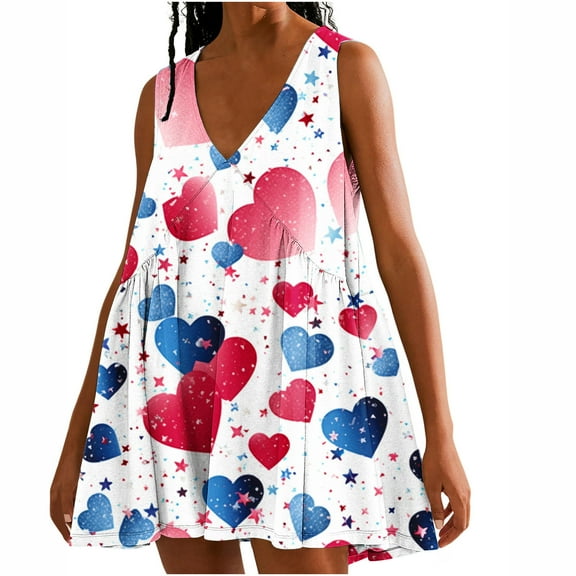 Viikei Summer Dresses for Women 2025,New Women's Casual Loose V-neck Sleeveless Printed Short Dress White M