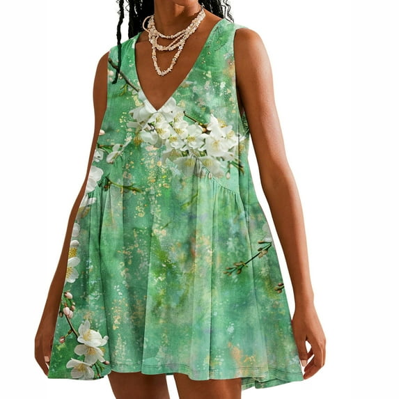 Viikei Summer Dresses for Women 2025,Women Casual Loose Summer Print Pleated Sleeveeless V-Neck Dress with Pocket Green XL