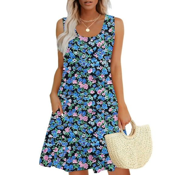 Viikei Summer Dresses for Women 2025,Women Casual Loose Summer Printed Dress Sleeveless V-neck Top/shirt Set Blue XL