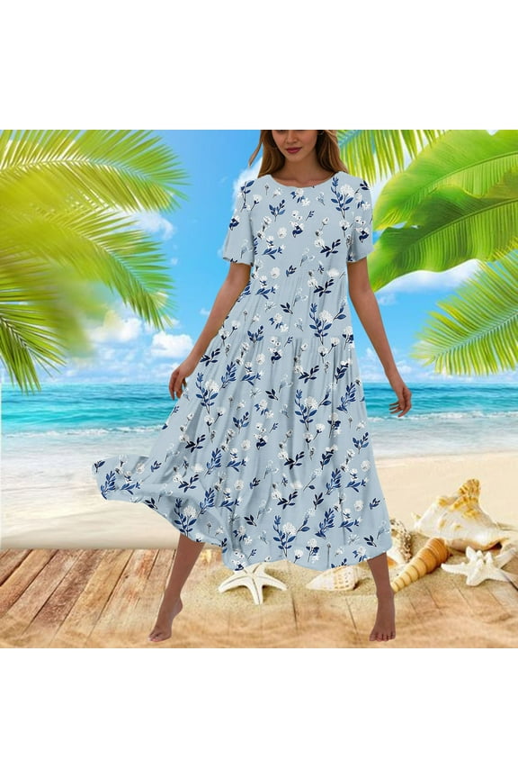 Summer Dresses for Women 2025,Women's Flower Printing Casual Short Sleeve Crewneck Dress Casual Flowy Tiered Maxi Beach Dress Light Blue S
