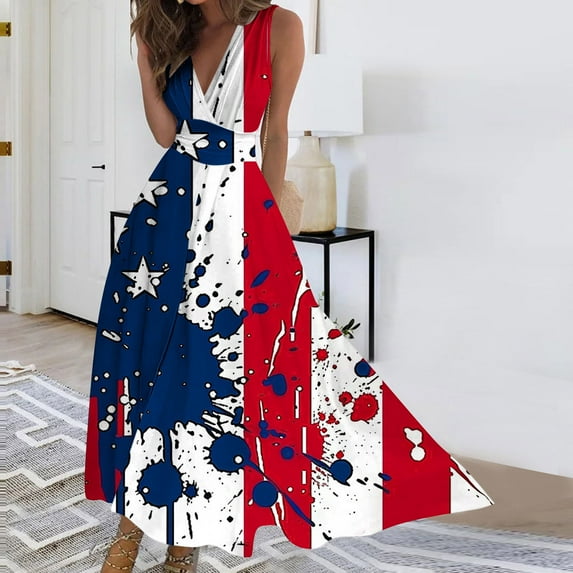 Viikei Summer Dresses for Women 2025,Women's Summer Print Casual Loose Sleevless V-Neck Dress Blue XL