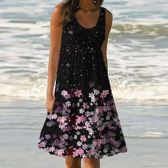 Viikei Summer Dresses for Women 2025,Womens Fashion Holiday Summer Casual Printing Sleeveless Party Beach Loose Dress Black L