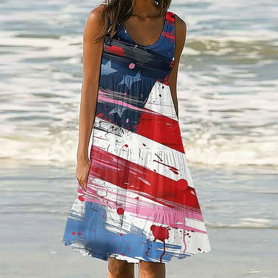 Viikei Summer Dresses for Women 2025,Womens Fashion Holiday Summer Casual Printing Sleeveless Party Beach Loose Dress Multicolor XXXL