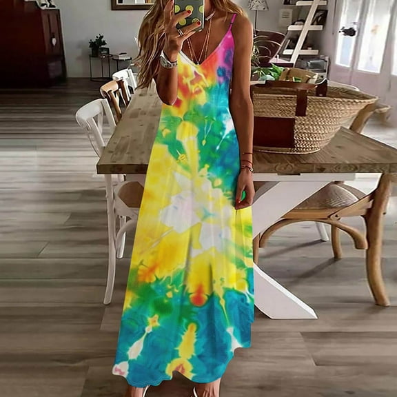 Viikei Summer Dresses for Women Casual V Neck Sleeveless,Fashion Women Summer Casual Solid V-Neck Camis Sleeveless Long Dress Yellow M